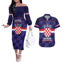 Custom Croatia Football Couples Matching Off The Shoulder Long Sleeve Dress and Hawaiian Shirt Come On Vatreni Checkerboard Style