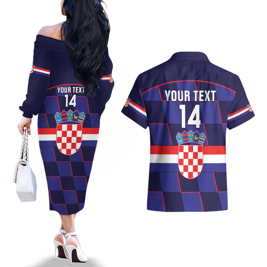 Custom Croatia Football Couples Matching Off The Shoulder Long Sleeve Dress and Hawaiian Shirt Come On Vatreni Checkerboard Style