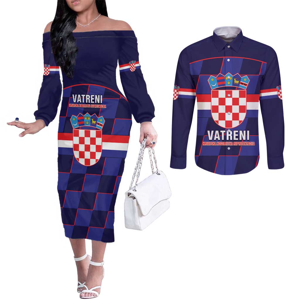 Custom Croatia Football Couples Matching Off The Shoulder Long Sleeve Dress and Long Sleeve Button Shirt Come On Vatreni Checkerboard Style