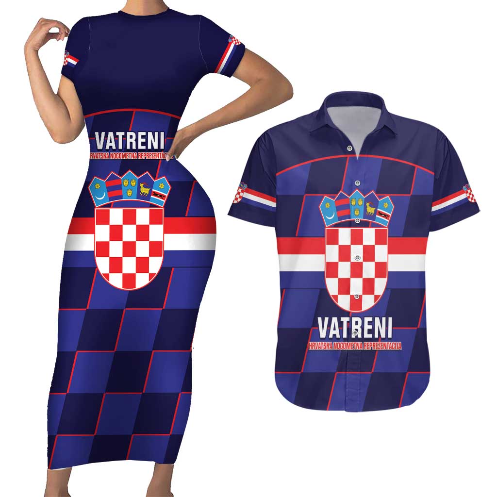 Custom Croatia Football Couples Matching Short Sleeve Bodycon Dress and Hawaiian Shirt Come On Vatreni Checkerboard Style