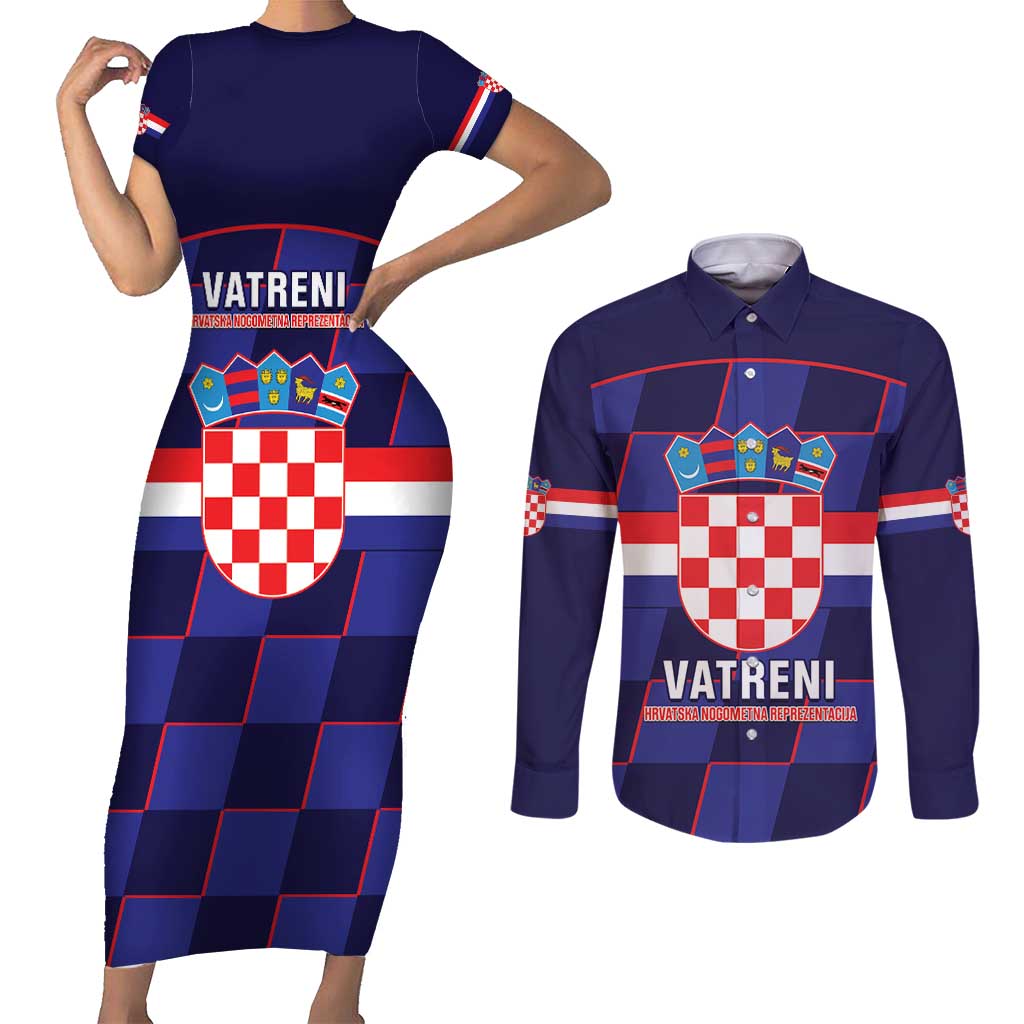 Custom Croatia Football Couples Matching Short Sleeve Bodycon Dress and Long Sleeve Button Shirt Come On Vatreni Checkerboard Style