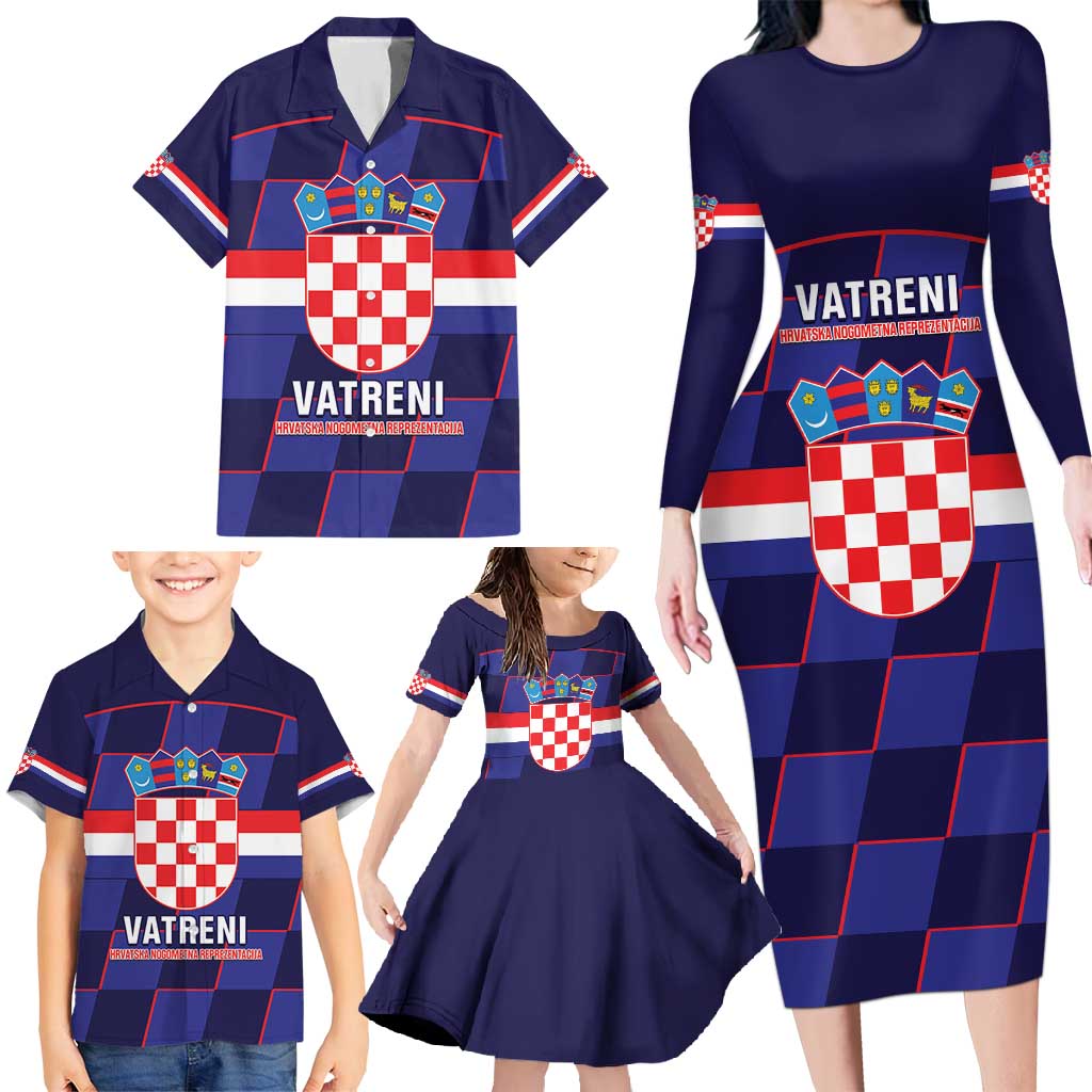 Custom Croatia Football Family Matching Long Sleeve Bodycon Dress and Hawaiian Shirt Come On Vatreni Checkerboard Style