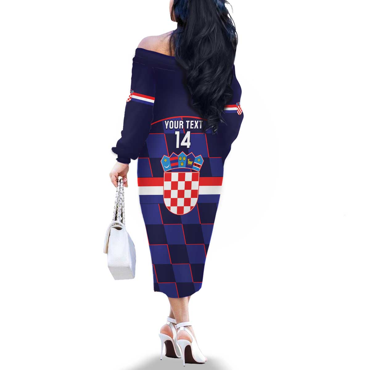 Custom Croatia Football Family Matching Off The Shoulder Long Sleeve Dress and Hawaiian Shirt Come On Vatreni Checkerboard Style