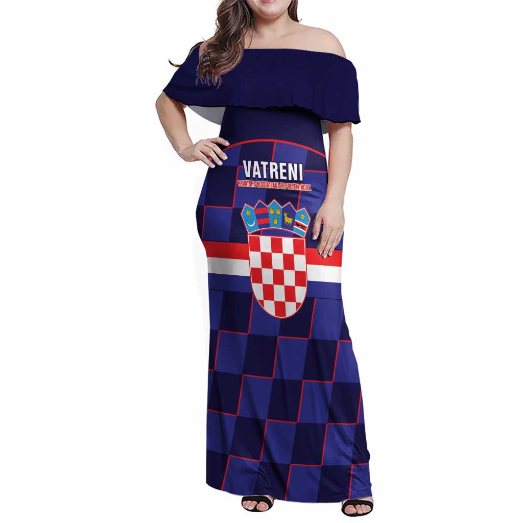 Custom Croatia Football Family Matching Off Shoulder Maxi Dress and Hawaiian Shirt Come On Vatreni Checkerboard Style