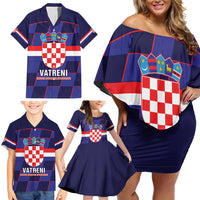 Custom Croatia Football Family Matching Off Shoulder Short Dress and Hawaiian Shirt Come On Vatreni Checkerboard Style