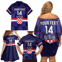 Custom Croatia Football Family Matching Off Shoulder Short Dress and Hawaiian Shirt Come On Vatreni Checkerboard Style