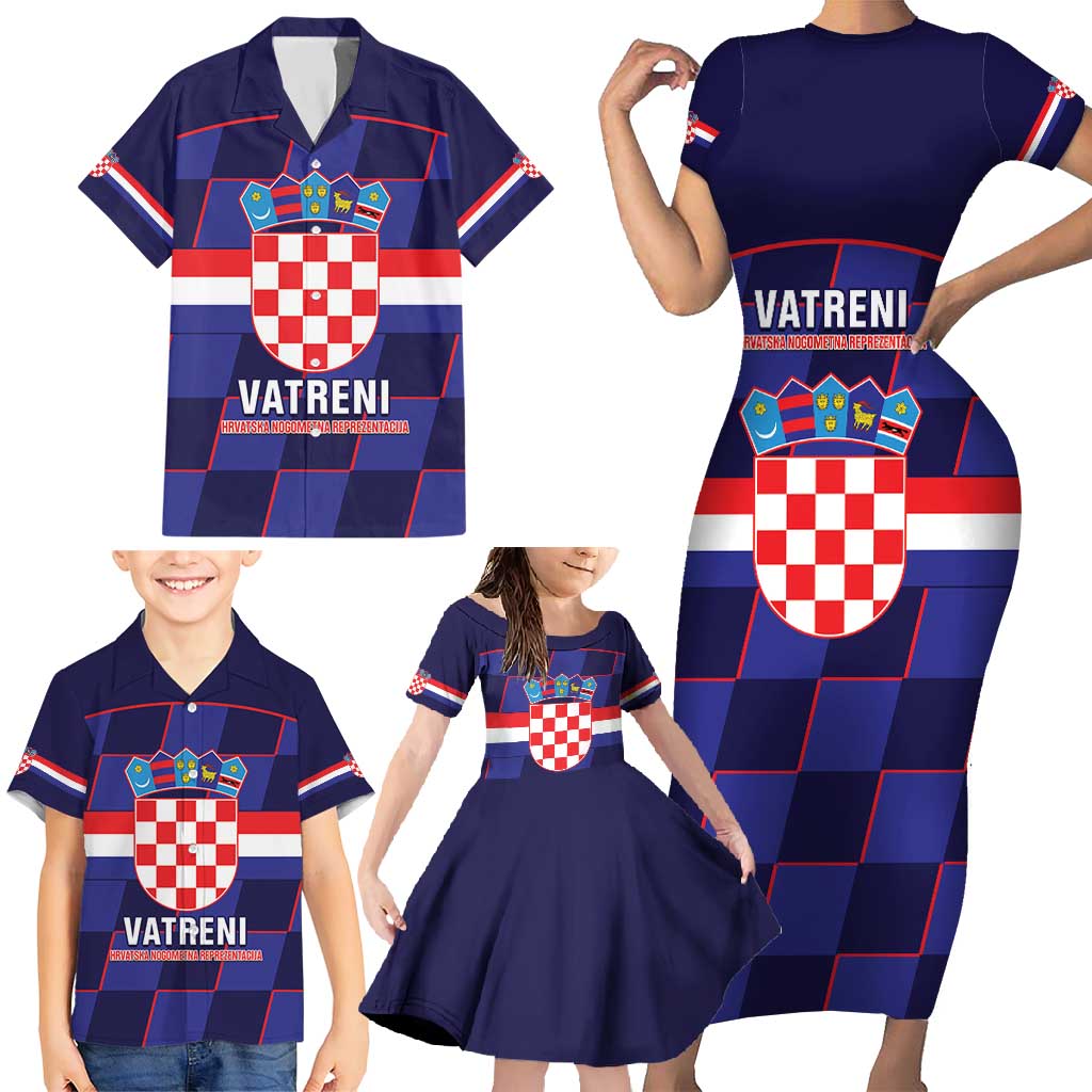 Custom Croatia Football Family Matching Short Sleeve Bodycon Dress and Hawaiian Shirt Come On Vatreni Checkerboard Style