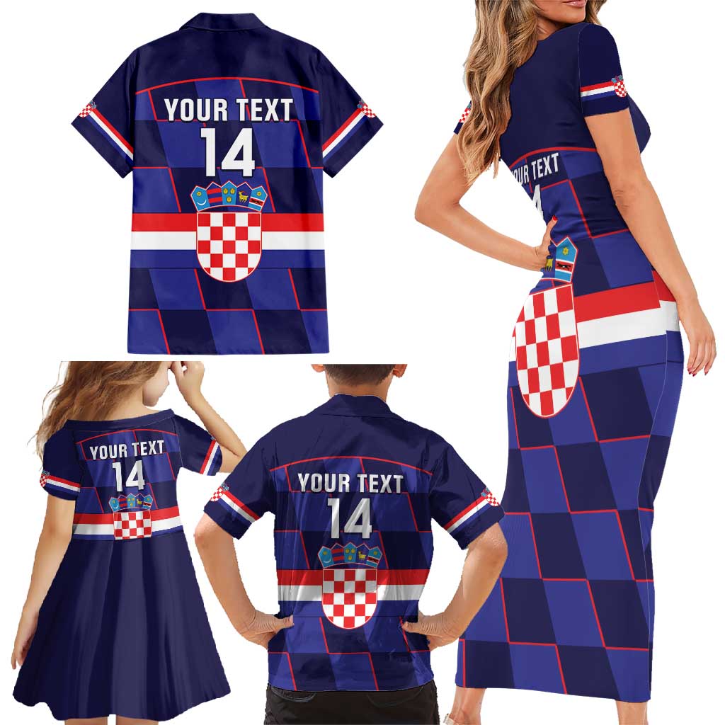 Custom Croatia Football Family Matching Short Sleeve Bodycon Dress and Hawaiian Shirt Come On Vatreni Checkerboard Style