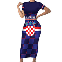 Custom Croatia Football Family Matching Short Sleeve Bodycon Dress and Hawaiian Shirt Come On Vatreni Checkerboard Style