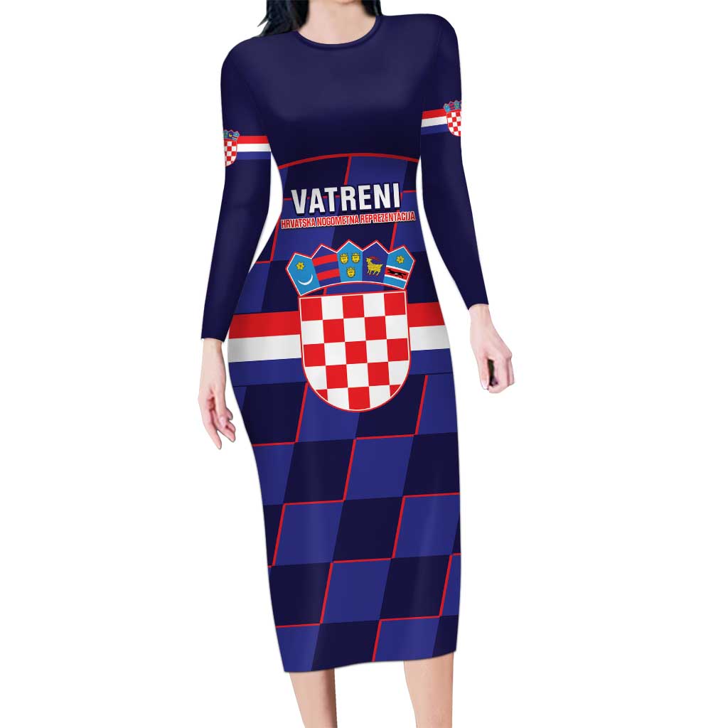 Custom Croatia Football Long Sleeve Bodycon Dress Come On Vatreni Checkerboard Style