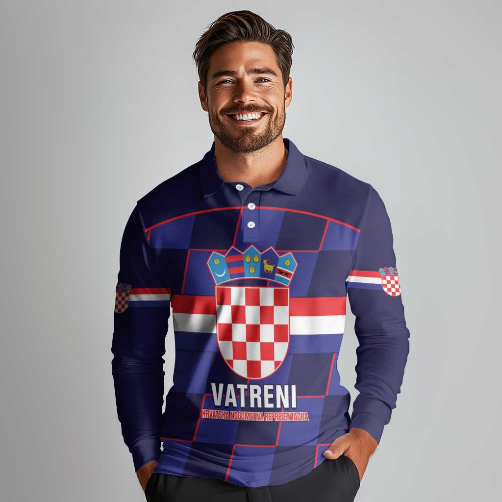 Custom Croatia Football Long Sleeve Polo Shirt Come On Vatreni Checkerboard Style