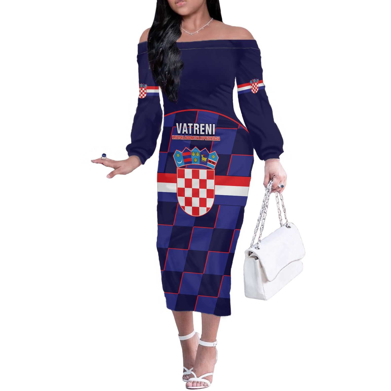 Custom Croatia Football Off The Shoulder Long Sleeve Dress Come On Vatreni Checkerboard Style