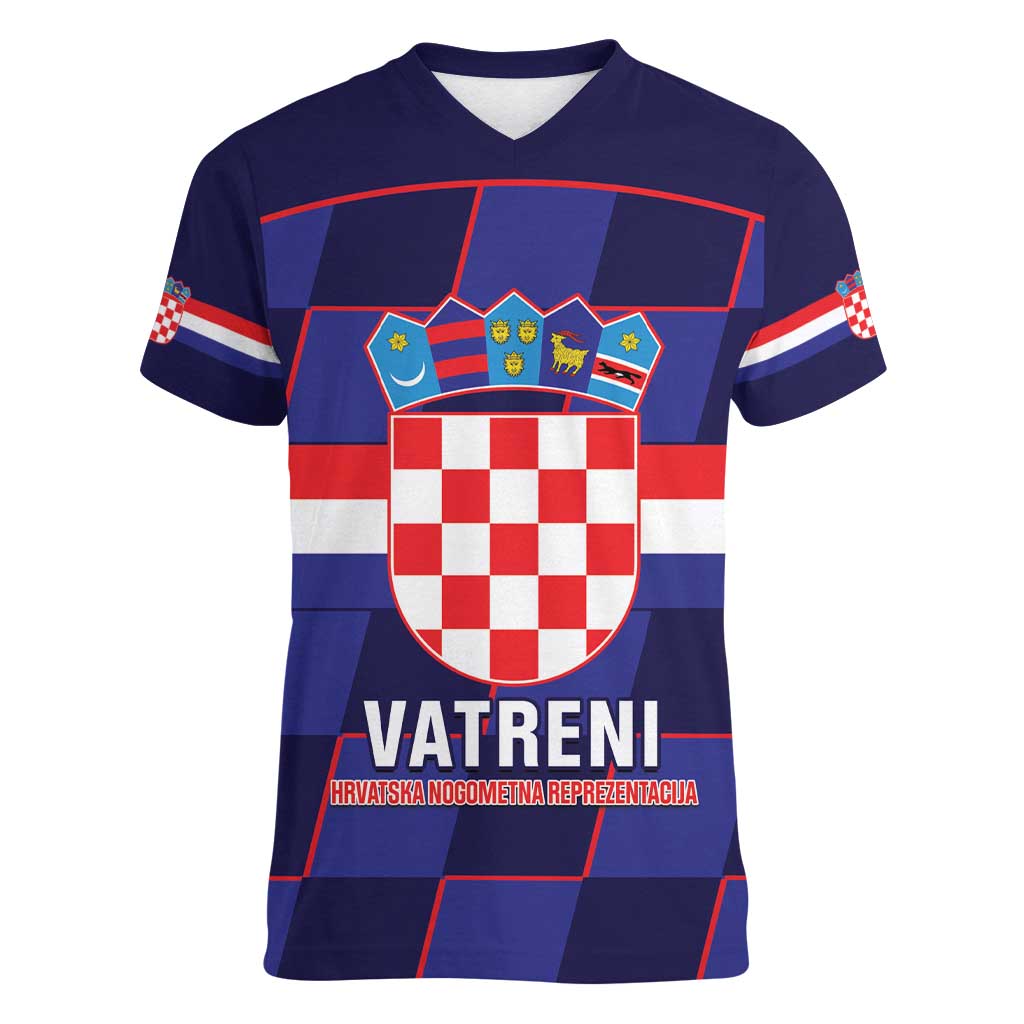 Custom Croatia Football Women V-Neck T-Shirt Come On Vatreni Checkerboard Style