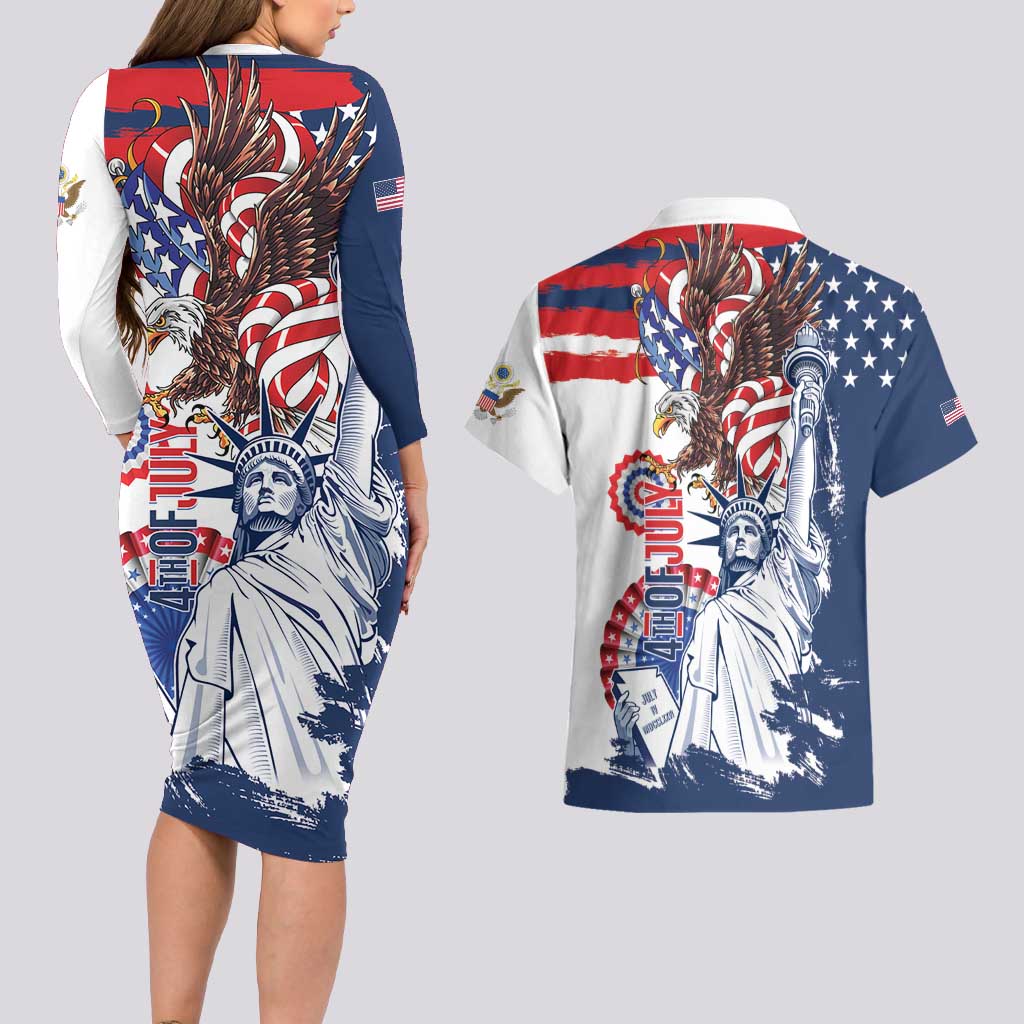 United States 4th Of July Couples Matching Long Sleeve Bodycon Dress and Hawaiian Shirt USA Eagle Statue Of Librerty