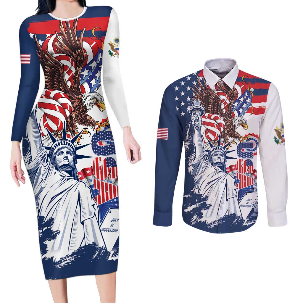 United States 4th Of July Couples Matching Long Sleeve Bodycon Dress and Long Sleeve Button Shirt USA Eagle Statue Of Librerty