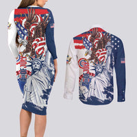 United States 4th Of July Couples Matching Long Sleeve Bodycon Dress and Long Sleeve Button Shirt USA Eagle Statue Of Librerty