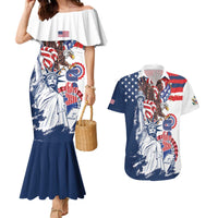 United States 4th Of July Couples Matching Mermaid Dress and Hawaiian Shirt USA Eagle Statue Of Librerty