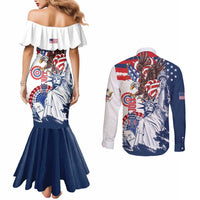 United States 4th Of July Couples Matching Mermaid Dress and Long Sleeve Button Shirt USA Eagle Statue Of Librerty