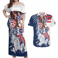 United States 4th Of July Couples Matching Off Shoulder Maxi Dress and Hawaiian Shirt USA Eagle Statue Of Librerty