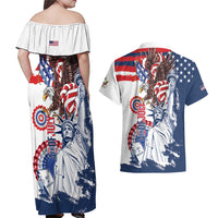 United States 4th Of July Couples Matching Off Shoulder Maxi Dress and Hawaiian Shirt USA Eagle Statue Of Librerty