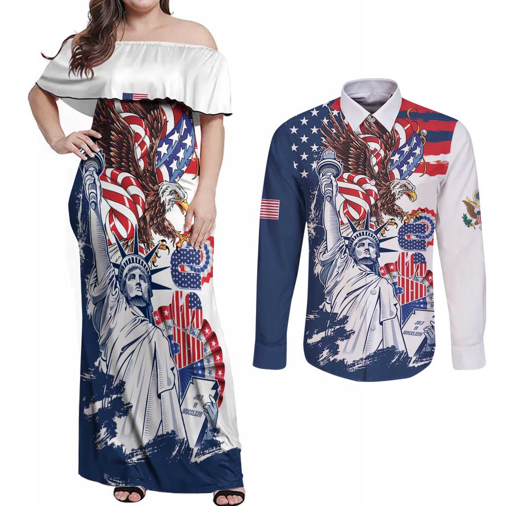 United States 4th Of July Couples Matching Off Shoulder Maxi Dress and Long Sleeve Button Shirt USA Eagle Statue Of Librerty
