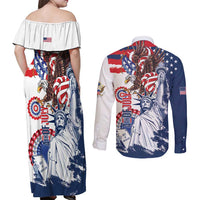 United States 4th Of July Couples Matching Off Shoulder Maxi Dress and Long Sleeve Button Shirt USA Eagle Statue Of Librerty