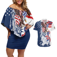 United States 4th Of July Couples Matching Off Shoulder Short Dress and Hawaiian Shirt USA Eagle Statue Of Librerty