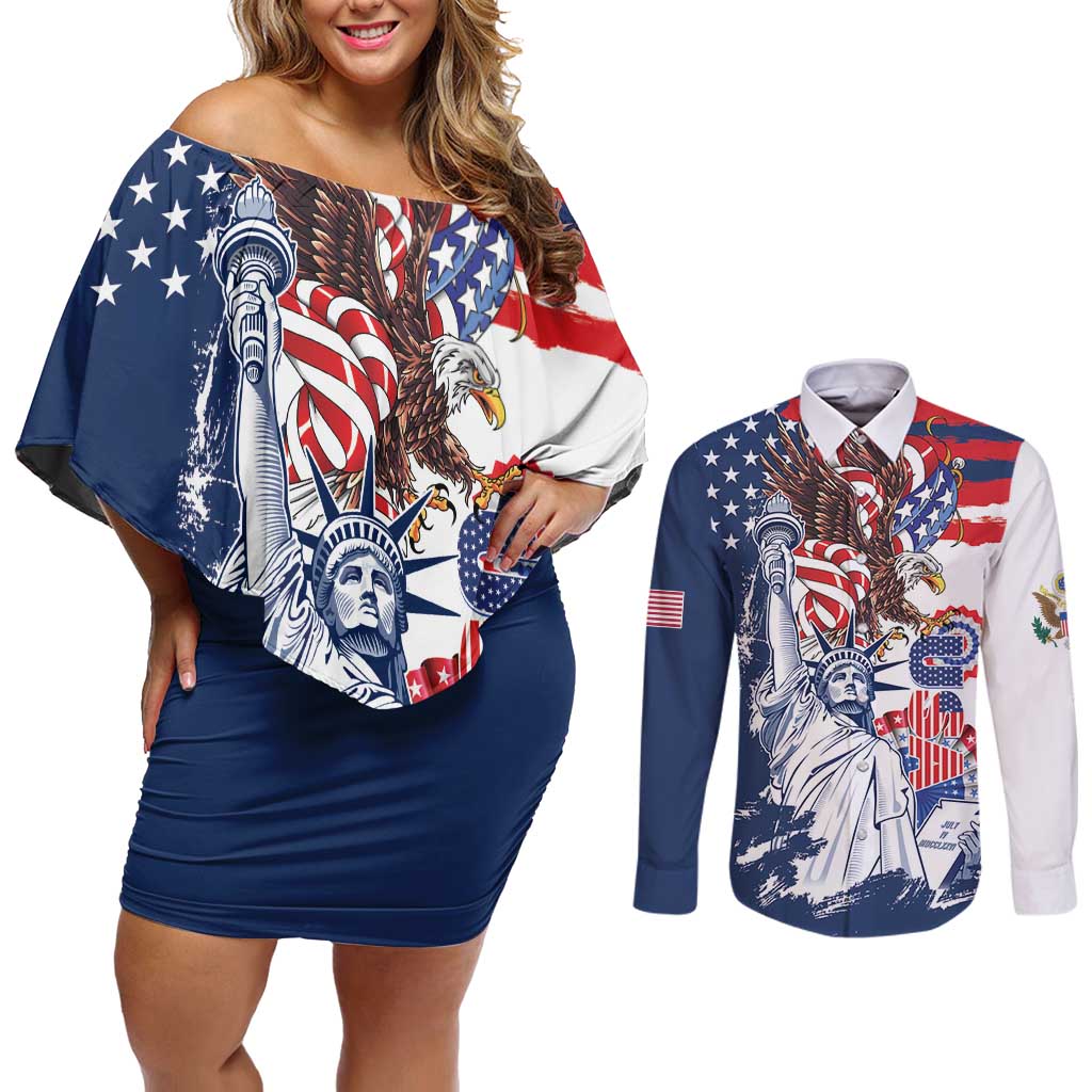 United States 4th Of July Couples Matching Off Shoulder Short Dress and Long Sleeve Button Shirt USA Eagle Statue Of Librerty