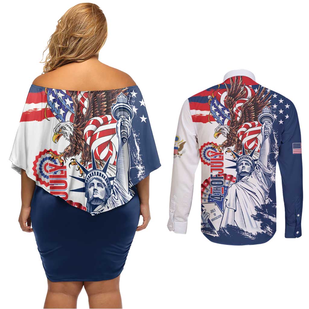 United States 4th Of July Couples Matching Off Shoulder Short Dress and Long Sleeve Button Shirt USA Eagle Statue Of Librerty