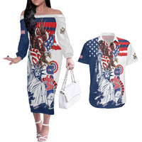 United States 4th Of July Couples Matching Off The Shoulder Long Sleeve Dress and Hawaiian Shirt USA Eagle Statue Of Librerty