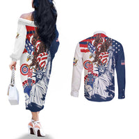 United States 4th Of July Couples Matching Off The Shoulder Long Sleeve Dress and Long Sleeve Button Shirt USA Eagle Statue Of Librerty