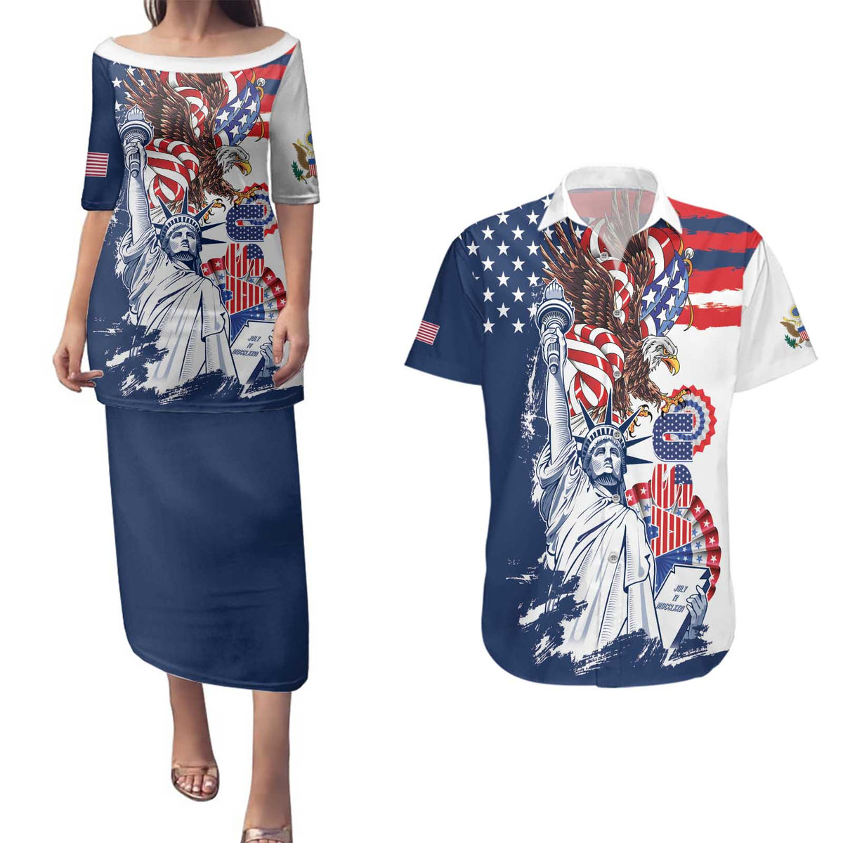 United States 4th Of July Couples Matching Puletasi and Hawaiian Shirt USA Eagle Statue Of Librerty