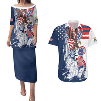 United States 4th Of July Couples Matching Puletasi and Hawaiian Shirt USA Eagle Statue Of Librerty