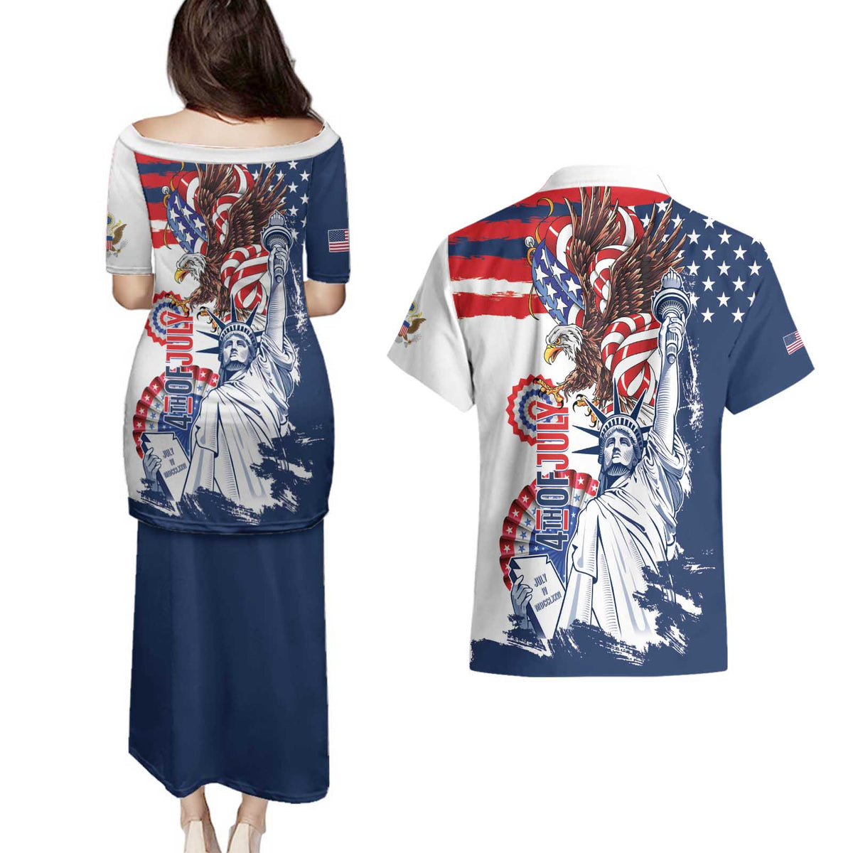 United States 4th Of July Couples Matching Puletasi and Hawaiian Shirt USA Eagle Statue Of Librerty