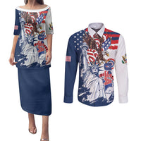 United States 4th Of July Couples Matching Puletasi and Long Sleeve Button Shirt USA Eagle Statue Of Librerty