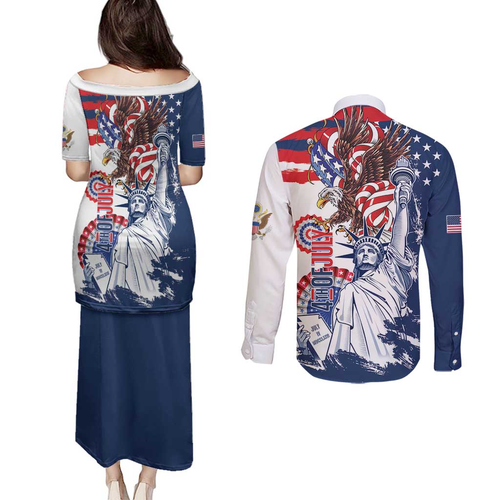 United States 4th Of July Couples Matching Puletasi and Long Sleeve Button Shirt USA Eagle Statue Of Librerty