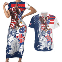 United States 4th Of July Couples Matching Short Sleeve Bodycon Dress and Hawaiian Shirt USA Eagle Statue Of Librerty