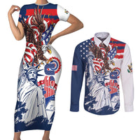 United States 4th Of July Couples Matching Short Sleeve Bodycon Dress and Long Sleeve Button Shirt USA Eagle Statue Of Librerty