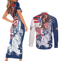 United States 4th Of July Couples Matching Short Sleeve Bodycon Dress and Long Sleeve Button Shirt USA Eagle Statue Of Librerty