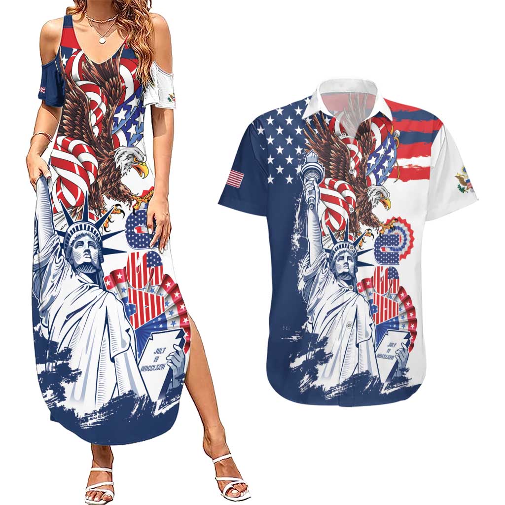 United States 4th Of July Couples Matching Summer Maxi Dress and Hawaiian Shirt USA Eagle Statue Of Librerty
