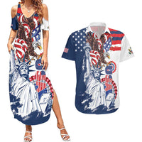 United States 4th Of July Couples Matching Summer Maxi Dress and Hawaiian Shirt USA Eagle Statue Of Librerty