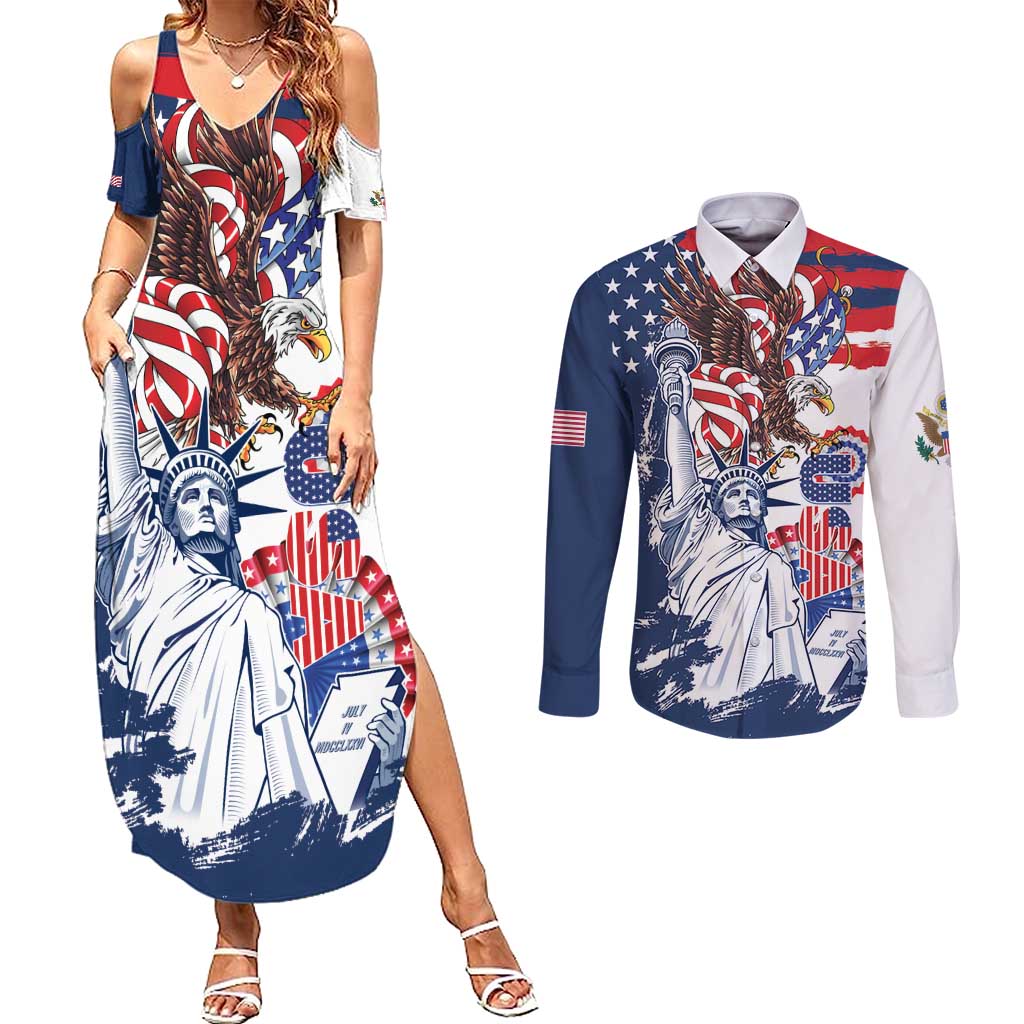 United States 4th Of July Couples Matching Summer Maxi Dress and Long Sleeve Button Shirt USA Eagle Statue Of Librerty