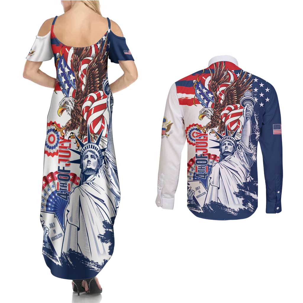 United States 4th Of July Couples Matching Summer Maxi Dress and Long Sleeve Button Shirt USA Eagle Statue Of Librerty
