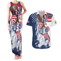 United States 4th Of July Couples Matching Tank Maxi Dress and Hawaiian Shirt USA Eagle Statue Of Librerty