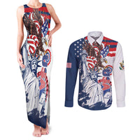 United States 4th Of July Couples Matching Tank Maxi Dress and Long Sleeve Button Shirt USA Eagle Statue Of Librerty