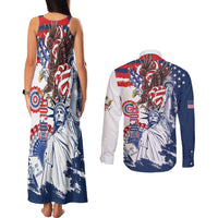 United States 4th Of July Couples Matching Tank Maxi Dress and Long Sleeve Button Shirt USA Eagle Statue Of Librerty