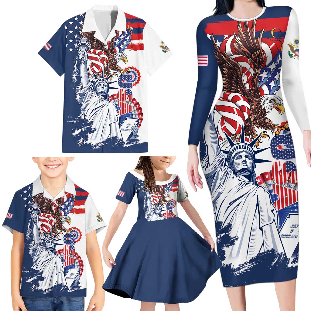 United States 4th Of July Family Matching Long Sleeve Bodycon Dress and Hawaiian Shirt USA Eagle Statue Of Librerty