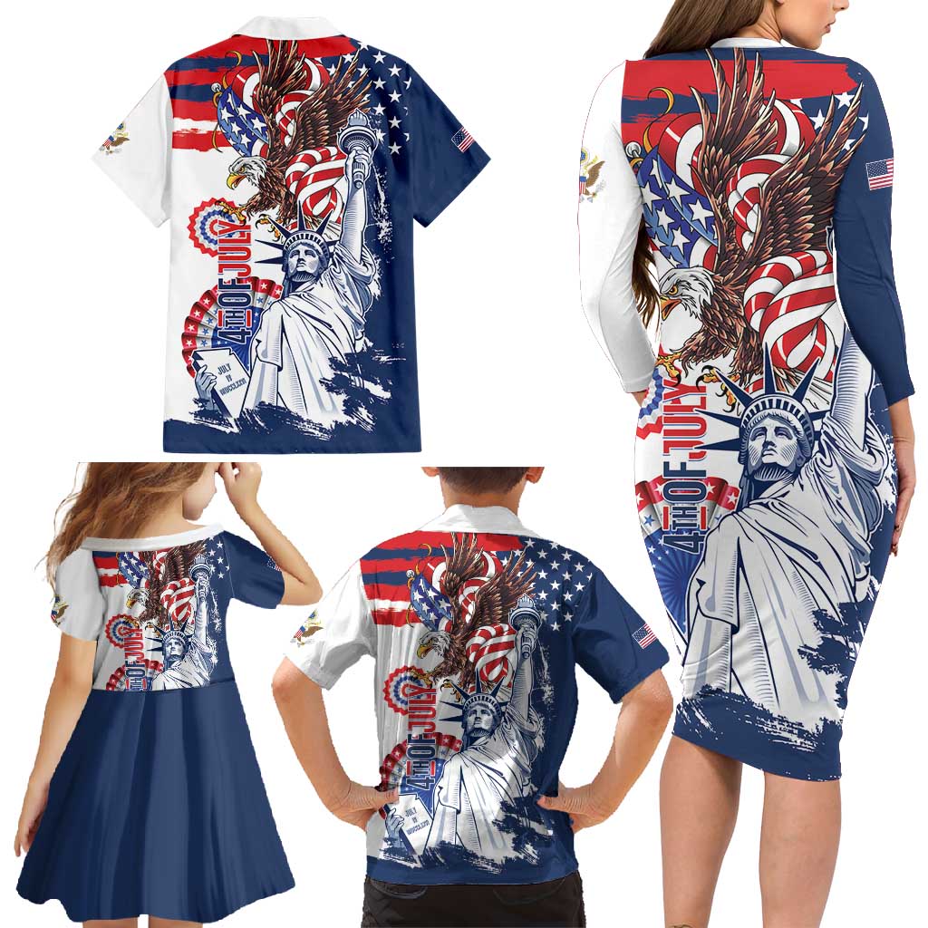 United States 4th Of July Family Matching Long Sleeve Bodycon Dress and Hawaiian Shirt USA Eagle Statue Of Librerty