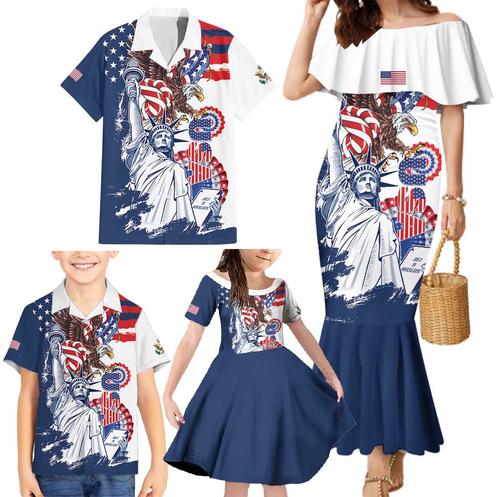United States 4th Of July Family Matching Mermaid Dress and Hawaiian Shirt USA Eagle Statue Of Librerty