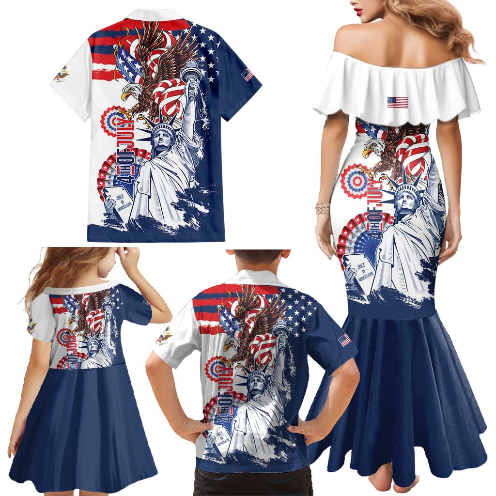 United States 4th Of July Family Matching Mermaid Dress and Hawaiian Shirt USA Eagle Statue Of Librerty